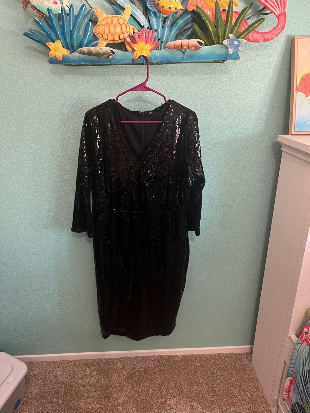 New York & Company Black Sequin V-Neck Long Sleeve Dress